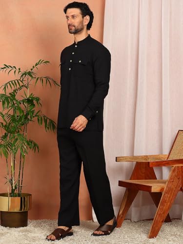 Image of See Designs Men's Full Sleeve Mandarin Collar Linen Solid Pathani Set