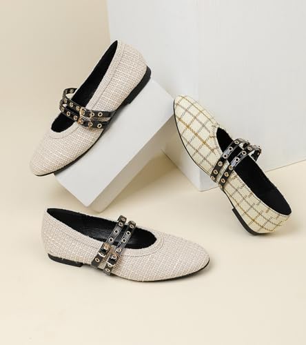 Image of Mesh Ballet Flats Shoes for Women Comfortable Studded Mary Jane Shoes Ballerina Buckle Strap Business Office Work Dress Shoes