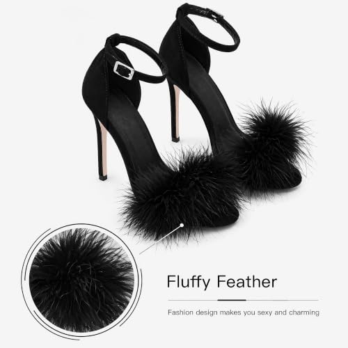 Image of Women's Sexy Heeled Sandals Fluffy Feather Open Toe Stiletto High Heels | Ankle Strap Buckle Shoes for the Bedroom Wedding Party Dance Evening Date Night Lingerie Cocktail Club Fuzzy Faux Fur