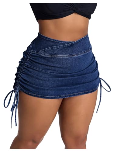 Floerns Women's Plus Size Cross Wrap Waist Denim Skirt Drawstring Side Mini Skirt
