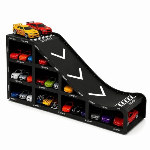 Image of Toy Car Display Track for Hot Wheels Style Cars, 1:64 Diecast Car Storage Organizer, Kids Car Parking Garage with Racing Ramp, Holds up to 22 Mini Cars, MDF Tabletop Display Rack for Boys Room Gift
