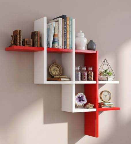 Image of Wooden Wall Shelves for Living Room, Kitchen, Hallway, Bedroom, and Bathroom; Wall Mounted Book Shelf; Wall Shelf for Photos and Decorations; Bend Shelve-White and Red