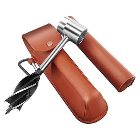 FIYSON Manual Auger Drill, Woodworking Spiral Hole Drill with Leather Holster, Multipurpose Cut Drill Outdoor Survival Tools, Scotch Eye Wood Drill Bit Set for Outdoor/Camping/Peg Hole Maker (Brown) Cover