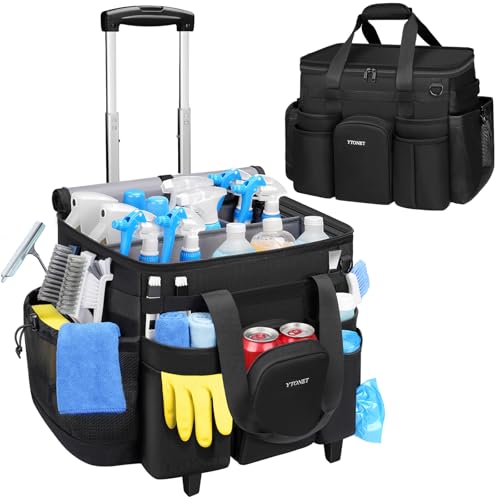 Ytonet Cleaning Caddy with Wheels, Large Rolling Cleaning Caddy Bag with Detachable Trolley for Housekeepers, Water Resistant Cleaner Supplies Organizer with Wheels for Kitchen, Car, Tool Organizer