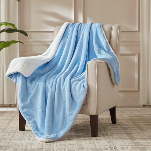 Electric Heated Blanket Throw Size, Soft and Cozy Thickened Flannel and Sherpa Electric Blanket for Bed, Automatic Safety System 6 Heating Levels & 10 Hours Auto-Off, 50"x60" Ice Blue