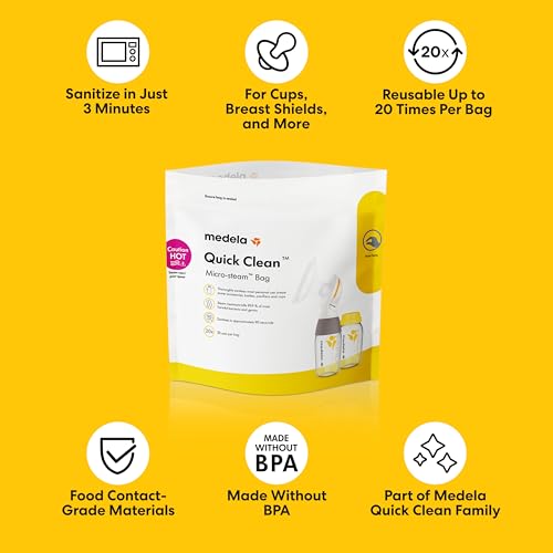 Medela Quick Clean Microwave Sterilizer Bags for Bottles and Breast Pump Parts, Reusable Up to 20 Times Per Bag, Food-Grade Material, Made Without BPA, Pack of 12
