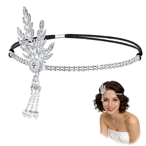 shuielai 1920s Flapper Headband Silver Rhinestone Leaf Headpiece with Pearl Tassel Elastic Retro Head Band for Women Party Prom Wedding (sliver)