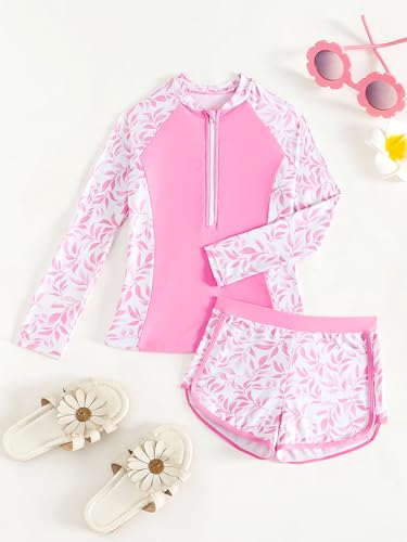 Image of SEGT Girl's Floral Long Sleeve Rash Guard with Bikini Bottom 2 Piece Swimsuit Set