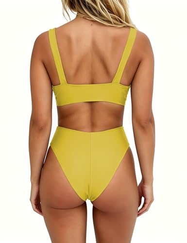 Image of geluboao Bikini Set for Women Solid V Neck Knot Front Push Up High Leg Thong Two Piece Swimsuit