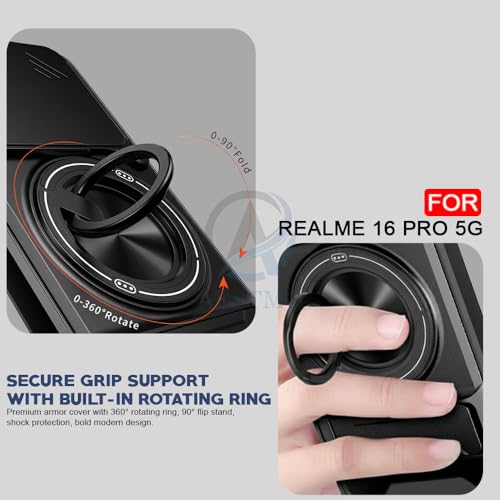 Image of AESTMO Realme 16 Pro 5G Back Cover | Armor Camera Slider 360 Degree Rotating Finger Ring Holder Case with Bracket Stand Back Case Cover (Compatible with MagSafe Accessories) (Black)