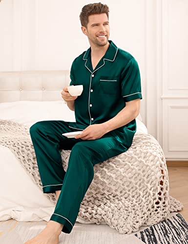 Image of SWOMOG Mens Satin Pajama Set Short Sleeve Classic Sleepwear Button Down Silky Loungewear with Long Pants