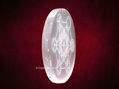 Crystal Heaven Certified Selenite Charging Plate, 3 Inch Engraved Platonic Solid Metatron Cube Selenite Plate For Cleansing Re-Energy Work, Meditation And Pooja (3 Inch, Metatron Cube