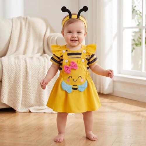 Image of Baby Girl Clothes Summer Outfit Newborn Ruffle Romper Cartoon Suspender Skirt Bow Headband Set 0-18 Months