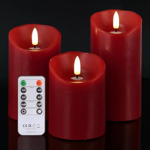 Image of Battery Operated Candles, Real Wax Red LED Candle Flickering Flameless Candles with Remote, 3D Wick Fake Candles for Christmas, Thanksgiving, Home Decor, Party, Gifts, Set of 3, D3 inchx H4 inch /5 inch /6 inch