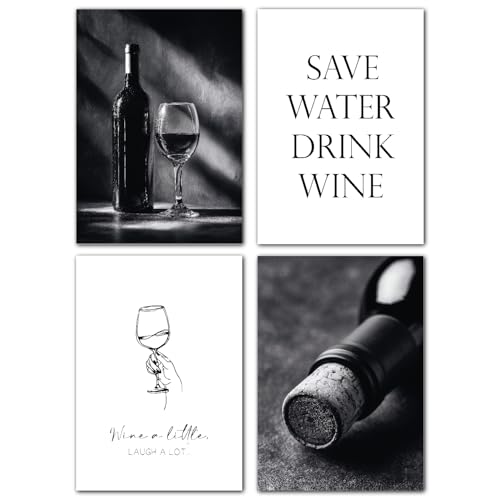LAVEMA Lot de posters muraux au motif de vin noir et blanc - Format A4 (21 x 30 cm) - Pour la cuisine - Décoration murale élégante - Pour la cuisine -...