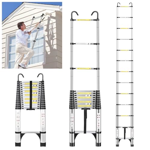 JADDUO 20.3 FT Telescopic Ladder, Aluminium Silver Telescoping Ladder with Non-Slip Feet and Stable Hook, Portable Extension Ladder for Household and Outdoor Working, Heavy Duty 330 lbs Max Capacity