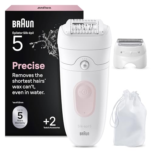 Braun Epilateur Electrique Femme Silk Epil 5, 5-030, Blanc et Rose Flamant – Etanche, sans Fil, Embout Rouleau de Massage, Coffret Epilation avec Tête de...