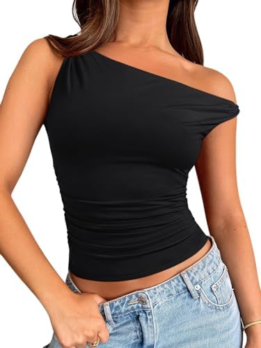 REORIA Women's 2026 Trendy Off The Shoulder Tops Asymmetrical Twist Double Lined Slim Fitted Cute Summer Going Out Tee Shirts Black Small