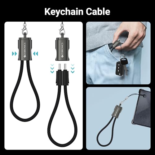 Image of Zebronics Wattz 60CC4 Type-C to Type-C Braided Cable, PD 60W, Upto 480Mbps Data Sync, 20 cm, Durable, Charge & Sync, Rapid Charging, Compact with Keychain Case, For Laptops, Tablets, Mobiles (Black)