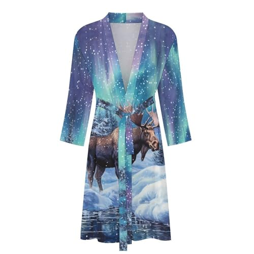 Alaskan Moose with Aurora Borealis Funny Men's Robe Soft Lightweight Bathrobe Long-sleeve Spa Robes4