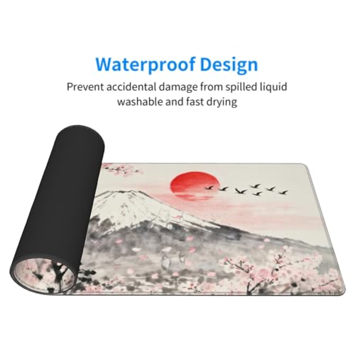 Image of Japanese Mouse Pad 31.5x11.8 XL Grey Pink Cherry Blossoms Mountain Watercolor Extended Large Mousepad Keyboard Mouse Mat Desk Pad with Non-Slip Rubber Base Stitched Edges for Home Office Game