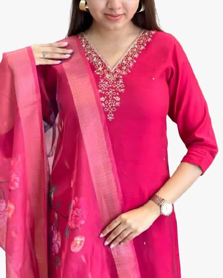Image of Women's Chanderi Silk Kurti with Rayon Slub Pants & Dupatta | Printed Three-Quarter Sleeve Ethnic Set