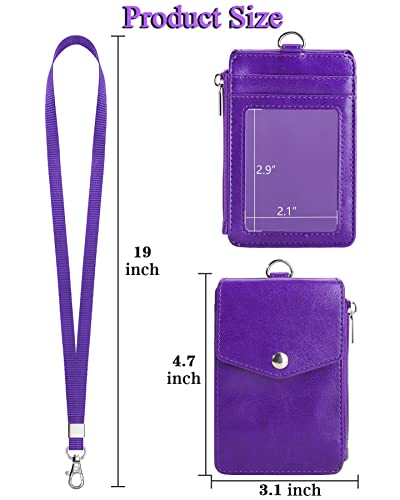 Teskyer Badge Holder With Side Zip Pocket, Multiple Card Slots Leather Id Holder Wallet With Neck Lanyard For Office Staffs, Teachers/Students, Couriers, Workers, Purple #TOP6