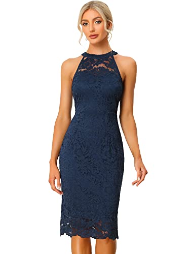 Allegra K Halter Formal Dress for Women's Sleeveless Bodycon Wedding Guest Cocktail Lace Sheath Dress Small Dark Blue