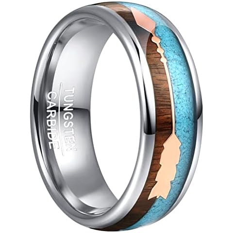 Vakki Men's Tungsten Carbide Ring with Rose Gold Arrow 8mm Hawaiian Koa Wood and Turquoise Inlay Wedding Band Size 8 Cover