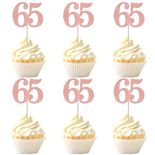Rsstarxi 36 Pack Number 65 Cupcake Toppers Glitter Cheers to 65 Years Birthday Cupcake Picks Decoration for Happy 65th Birthday Wedding Anniversary Party Cake Decorations Rose Gold