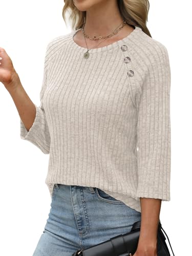 Womens Sweaters Fall Fashion 3/4 Length Sleeve Tops Crew Neck Button Shirts Casual Pullover Cute Winter Clothes3