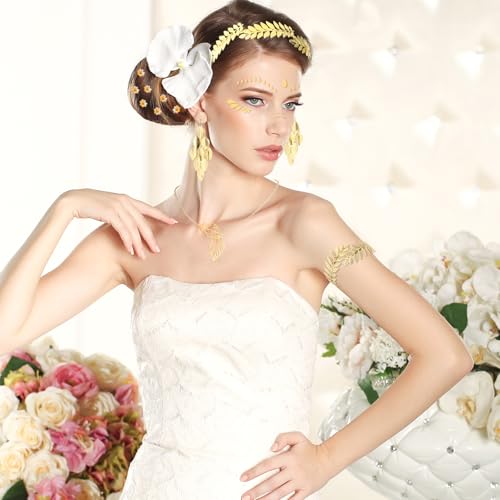 DPKOW Accesorios de Disfraz de Diosa Griega para Mujer, Conjunto de Joyas de Diosa Griega, Diadema, Peine, Clip para el Pelo, Collar de Laurel Romano, Pendientes, Pulsera, Tatuaje Facial para Mujer - imagen 6