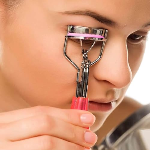 jeufond 80 pcs Eyelash Curler Refills, Eyelash Curler Pads, Silicone Rubber Universal Eye lash Curler Replacement Refills with Clear Storage Box (Pink)