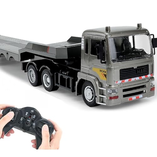 Remote Control Semi Truck Toys Alloy material, 9 Channel RC Truck with Trailer, Construction Vehicle Toy with Sound and Light, Birthday Gifts Ideas for Boys Kids, 1：20Flatbed Trucks Grey (Grey)