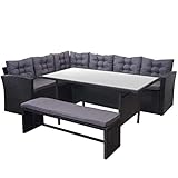 [page_title]-Mendler Poly-Rattan-Garnitur HWC-A29, Gartengarnitur Sitzgruppe Lounge-Esstisch-Set, schwarz ~ Kissen dunkelgrau, mit Bank