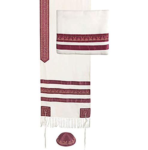 Yair Emanuel Maroon Stripes Embroidered Cotton Tallit Set with Kippah 20