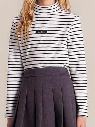 Girls Black & White Striped Long Sleeve Shirt - Mid-Crew Neck Cotton Top for Girls, Classic Breathable Shirt 6-16Y4