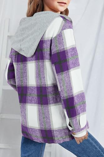 Image of Girls Cute Flannel Plaid Button Down Top with Pockets Long Sleeve Hooded Jacket