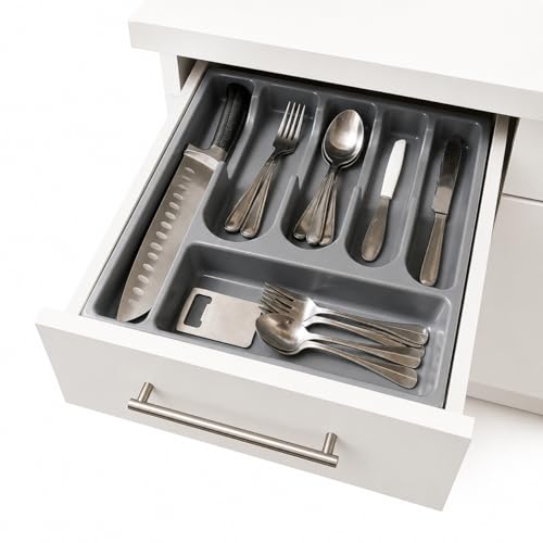Organizador de Gavetas, Multicompartimentos, para Talheres e Utensílios de Cozinha e Escritório, Divisor de Gavetas Universal Premium Cor Cinza