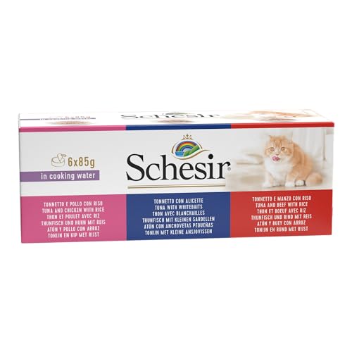 Schesir Cat in Brühe - Katzenfutter nass mit Thunfisch, Hühnerfilet und Goldbrasse in eigener Kochbrühe, hohe Verträglichkeit, Multipack in Dosen (6 x 70 g)