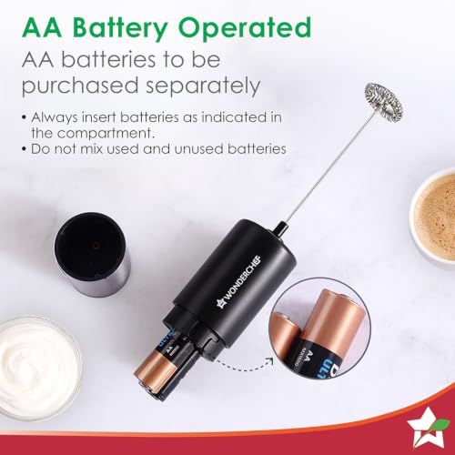 Image of Wonderchef Regalia Milk Frother & Whisk, Kitchen Tool for Coffee, Lattes, Whip Cream, Egg Whisk, AA Battery Operated, Stainless-Steel, Stand-up Design, Easy Single Push Mechanism, Everyday Use, Black