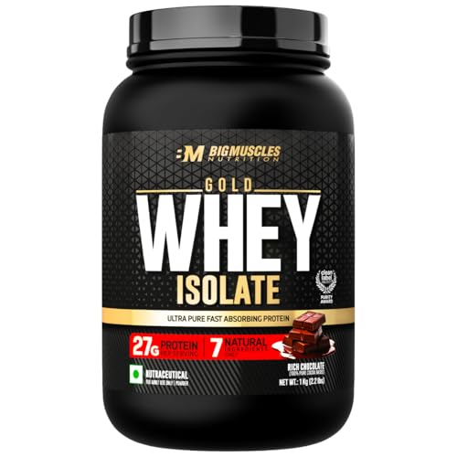 Image of Bigmuscles Nutrition Gold Whey Isolate (1kg, Rich Chocolate) | 27g Whey Protein Isolate 90% | 7 Natural Ingredients Only | 0 Added Sugar | Clean Label Project Purity Award USA