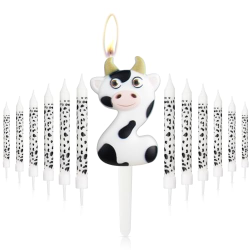 Vela número 2 de vaca blanca y negra para pastel, decoraciones de segundo cumpleaños, decoración de fiesta de vaquera, temática de animales de granja para celebración de niña y niño