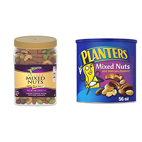 Planters Deluxe Salted Mixed Nuts, 34 Oz. Resealable Canister & Mixed Nuts With Sea Salt, 56 Oz. Resealable Canister - Roasted Nuts: Less Than 50% Peanuts, Almonds, Cashews, Pecans & Hazelnuts #TOP16