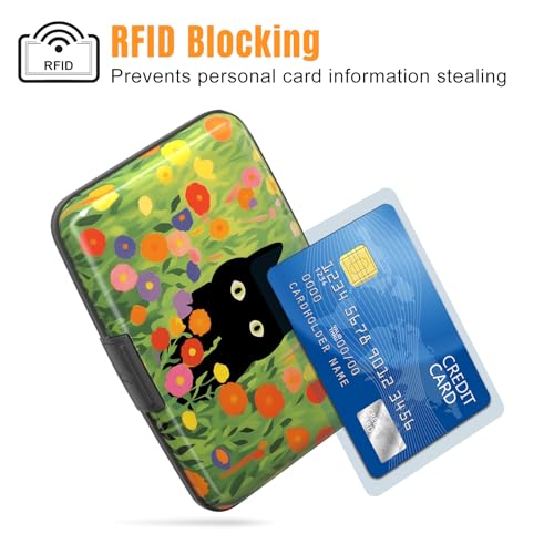 Image of Rimilak Aluminuml Credit Card Holder, Mini Credit Card Wallet RFID Blocking Slim Metal Hard Case for Women Men, Green Grass Cat