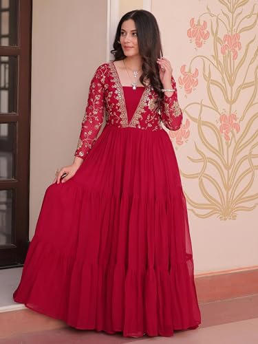 Image of FOXDX Womens Faux Georgette Sequence Embroidered Ankle Length Anarkali Gown for Women| Festival | Trending |