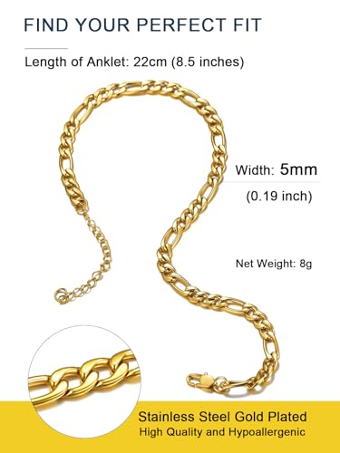 Image of ChainsPro Resizable Anklet Chain for Women Men, Figaro /Wheat /Twist Rope /Cuban Foot Bracelet-Strong with Good Clasp-18K Gold Plated(Send Gift Box)