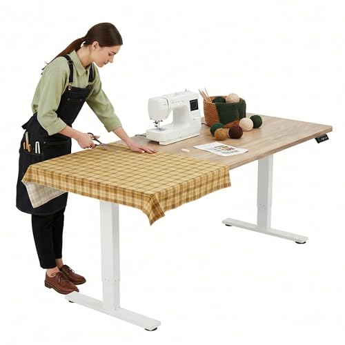 TIQLAB Electric Adjustable Sewing Table 63x24 Workbench Adjustable Height Ergonomic Worktable for Garage Craft Desk Spacious Desk for Sewing and Crafts 2 Piece Board Maple
