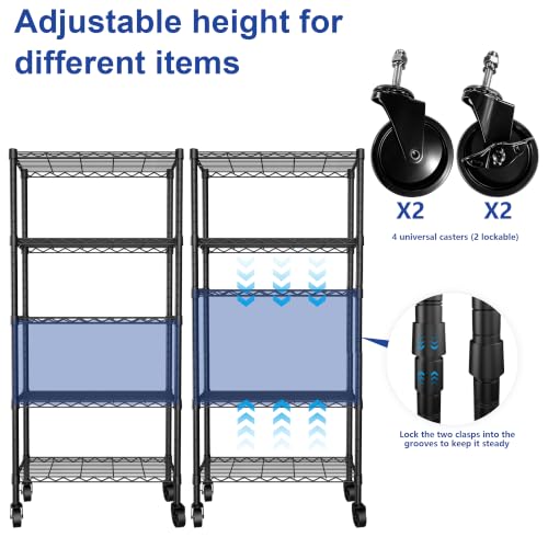 Image of REGILLER 5-Wire Shelving Metal Storage Rack Adjustable Shelves,Standing Storage Shelf Units for Laundry Bathroom Kitchen Pantry Closet(Black,14.1 inch D x 30 inch W x 82 inch H,With Wheels)