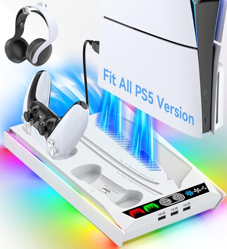 PS-5/Slim/Pro Cooling Station with Quiet Cooling Fan and Fast Controller Charger for Disc & Digital Console, PS-5 Stand Incl. 3 USB Ports, Screw and Headset